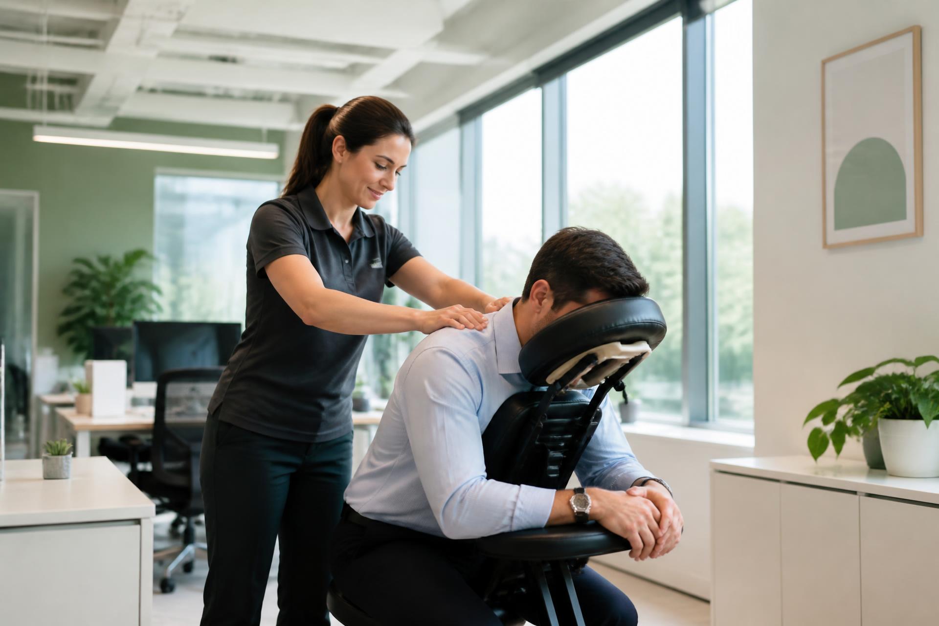 Therapist giving a chair massage in a DFW office